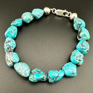 Big Chunky Turquoise Nugget Stone Bead Sterling Silver Bracelet Size 7 - 7 1/4